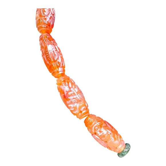 Vintage Hand-Carved Red Carnelian Agate Necklace Floral Lion Green Jade Accents - Picture 8 of 9